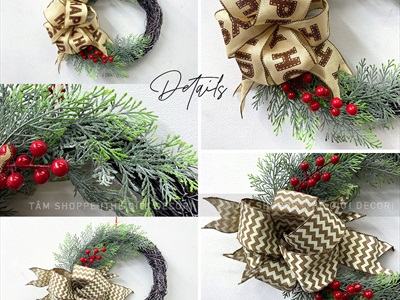 Vòng nguyệt quế Noel nửa vòng thắt nơ ĐK30cm VNGQ-X-43